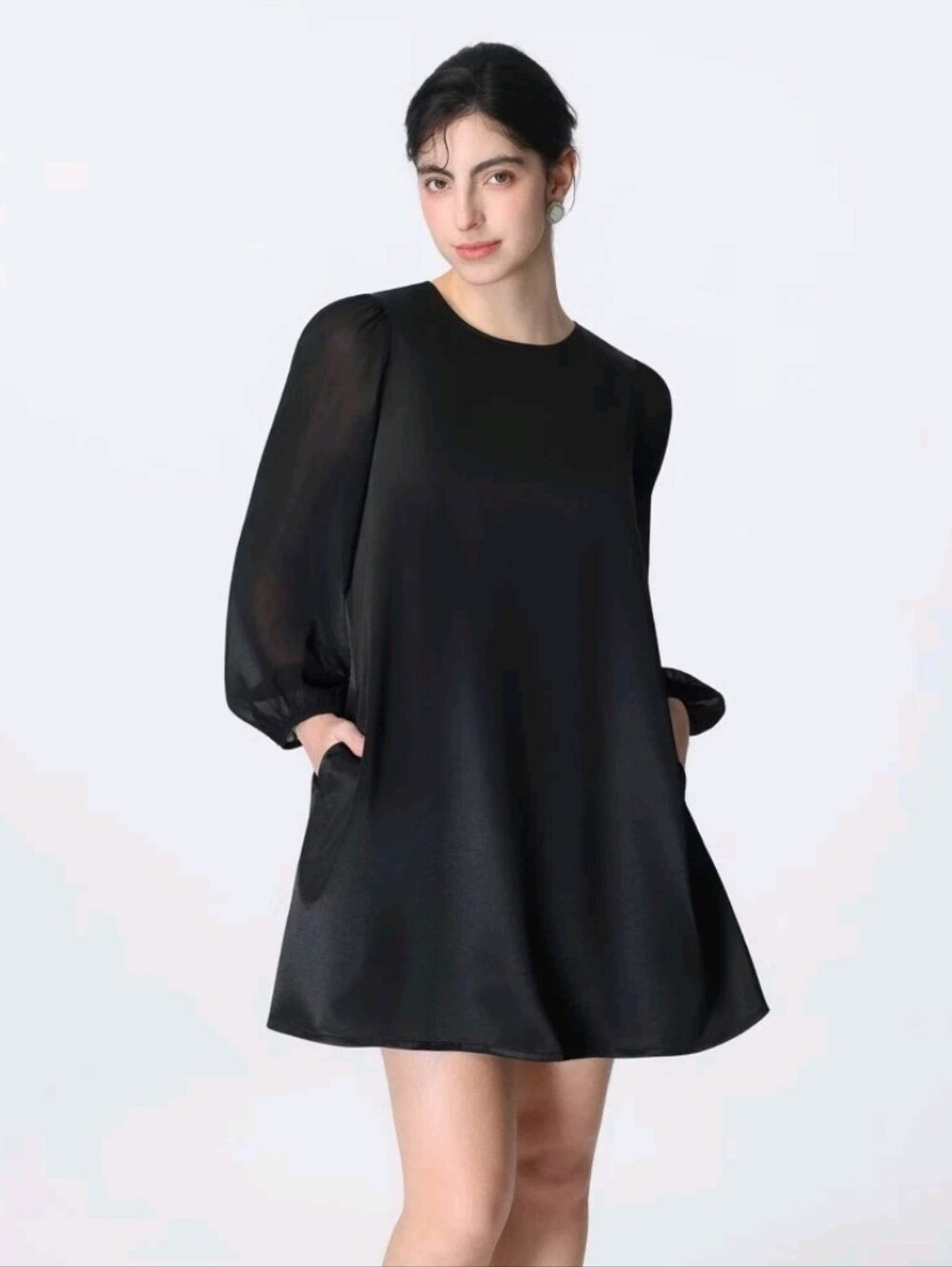 Women's Balloon Long Sleeve Satin Swing Dress - A New Day Black